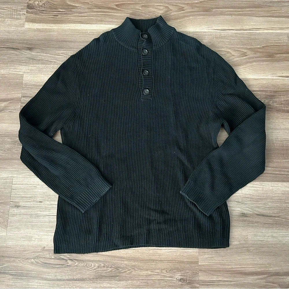 BANANA REPUBLIC 1/3 Button Pop On Knit Ribbed Black Sweater Men Size XL